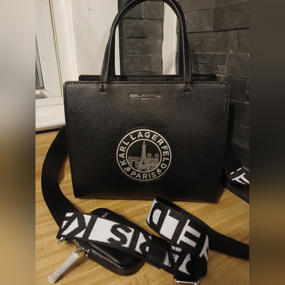 NWT Karl Lagerfeld Black Paris Tote/Crossbody with Coin pouch/airpod case. - Picture 10 of 11